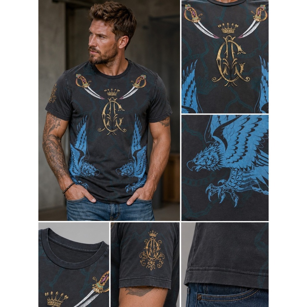 Christian Audigier Mens XXL Graphic T-Shirt Grey Blue Eagle Dagger Gold Foil Y2K